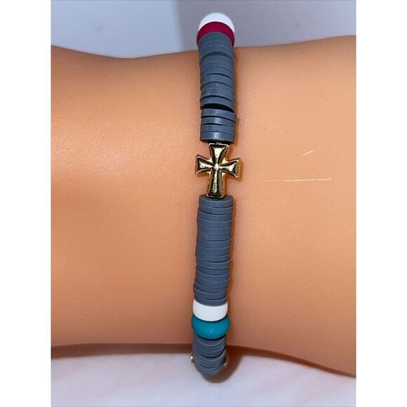 Cross With Rhinestone Colorful Heishi Beaded Bracelets Stretch Gold Tone Beach - Picture 2 of 6